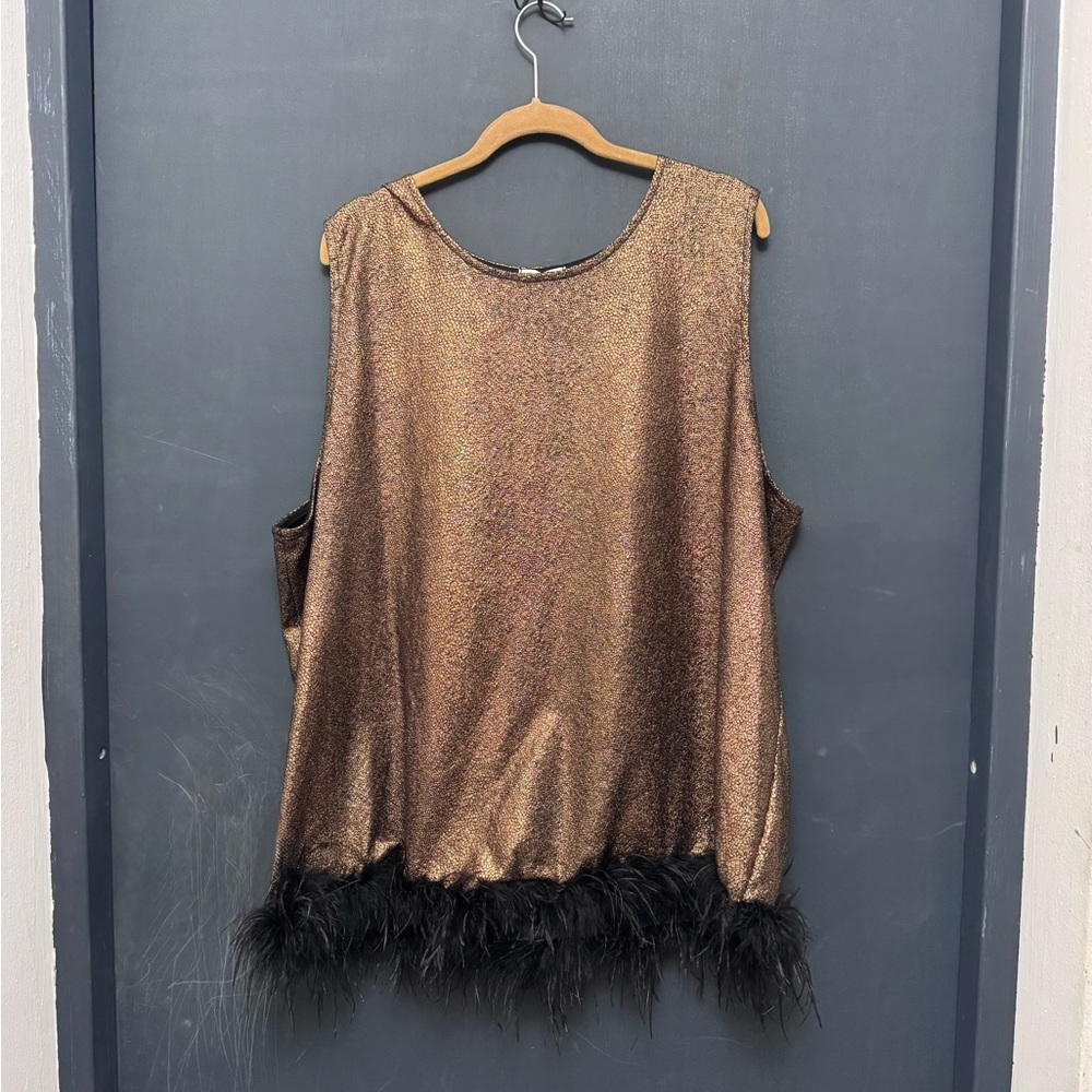 Elegant Gold Sleeveless Top with Feather Trim NWT